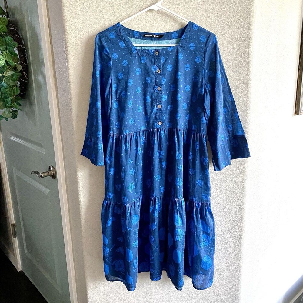 Gudrun Sjödén Blue Organic Cotton Floral Lemon Lighweight Dress Size Small